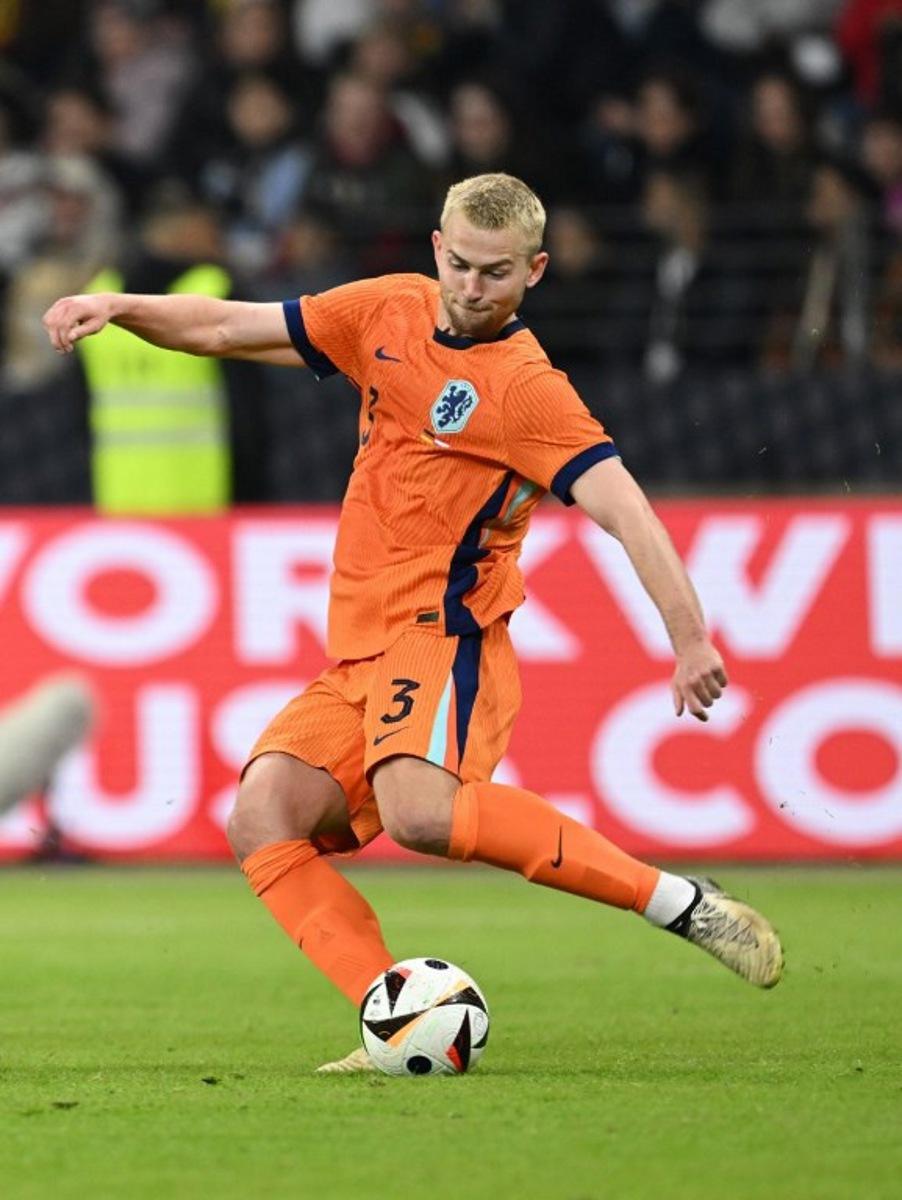 Netherlands' defender #03 Matthijs De Ligt plays the ball during the friendly football match between Germany and Netherlands in Frankfurt, western Germany, on March 26, 2024. Ina FASSBENDER / AFP