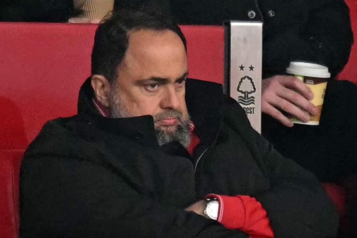 Nottingham Forest's Greek co-owner Evangelos Marinakis looks on during the English Premier League football match between Nottingham Forest and Brighton and Hove Albion at The City Ground in Nottingham, central England, on February 1, 2025. Oli SCARFF / AFP