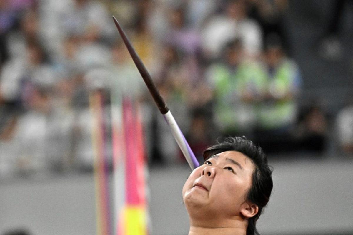 China's Ziyi Yan competes in the women's javelin throw event during the Shanghai/Keqiao Diamond League athletics meeting in Keqiao, Shaoxing in China's eastern Zhejiang province on May 3, 2025. Pedro PARDO / AFP