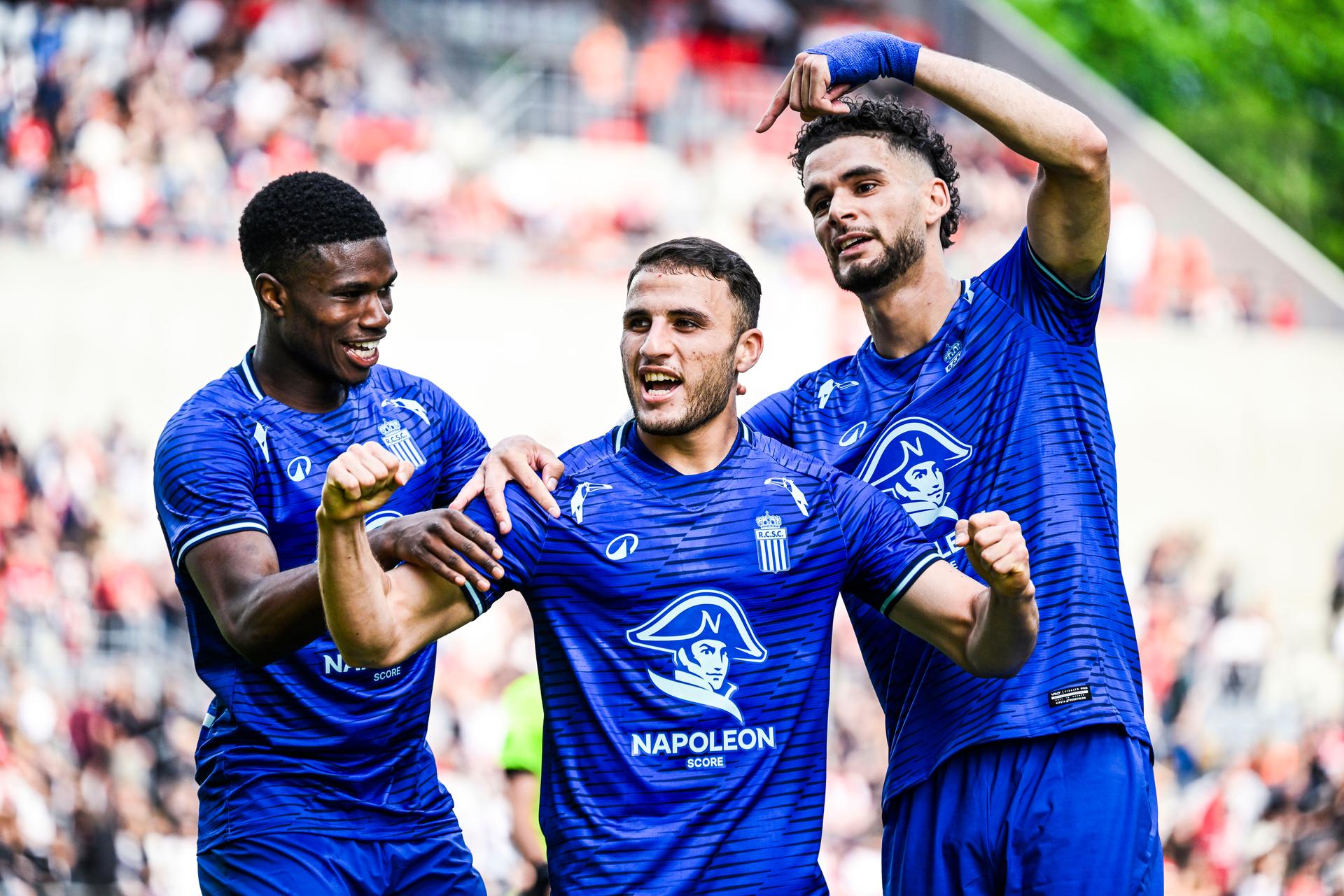 Charleroi's Yacine Titraoui celebrates after scoring during a soccer match between Royal Antwerp FC and Sporting Charleroi, Sunday 10 May 2026 in Antwerp, on the seventh day of the Europe Play-offs (PO2) of the 2025-2026 'Jupiler Pro League' first division of the Belgian championship. BELGA PHOTO TOM GOYVAERTS