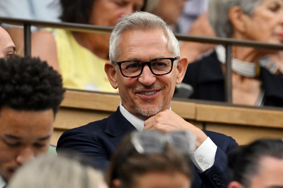 Television presenter Gary Lineker smiles at the Centre Court's Royal Box, on the sixth day of the 2023 Wimbledon Championships at The All England Tennis Club in Wimbledon, southwest London, on July 8, 2023. Glyn KIRK / AFP