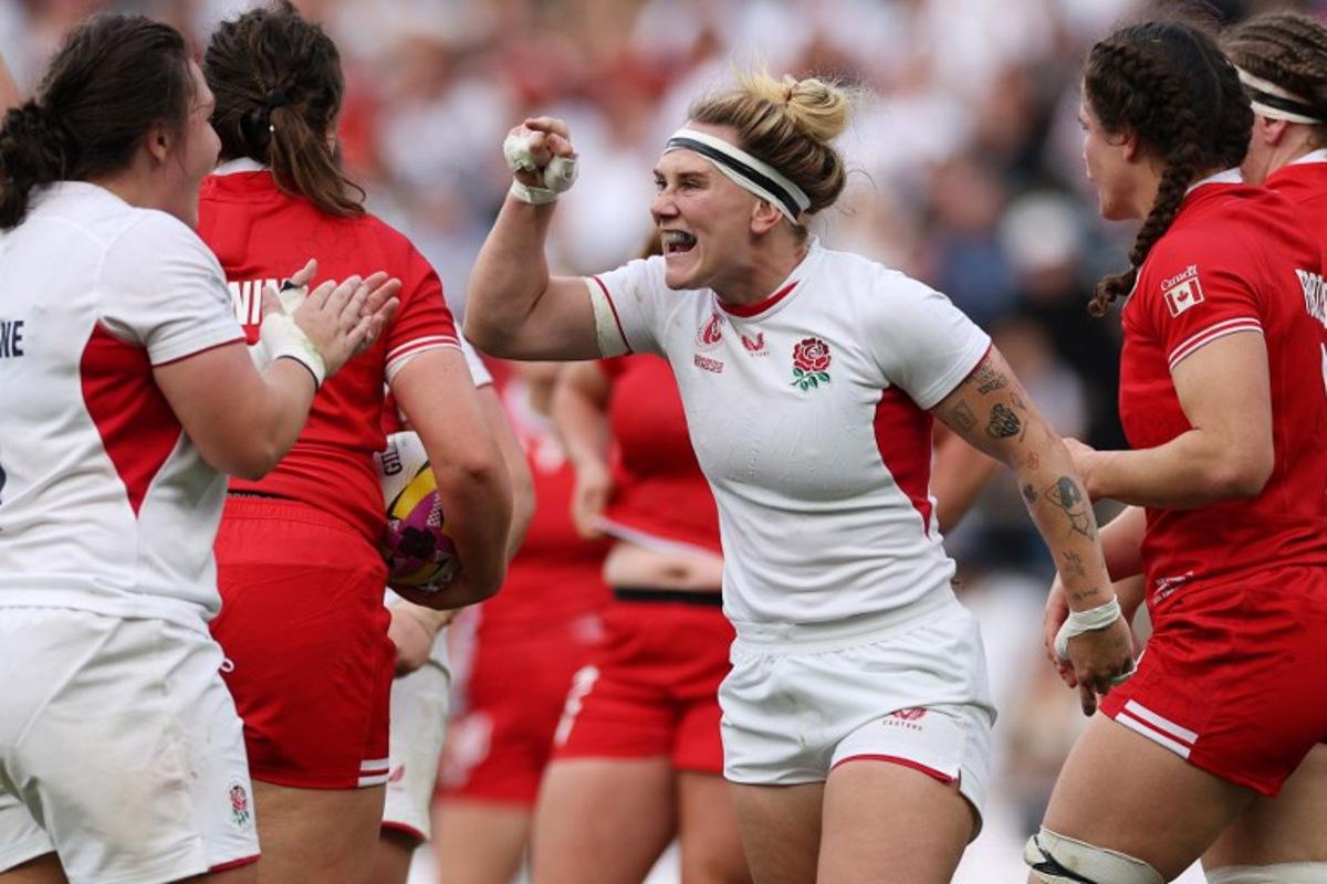 England's centre Megan Jones (C) reacts to a Canada mistake during the Women's Rugby World Cup final between Canada and England at The Allianz Stadium, Twickenham, south-west London on September 27, 2025. Adrian Dennis / AFP