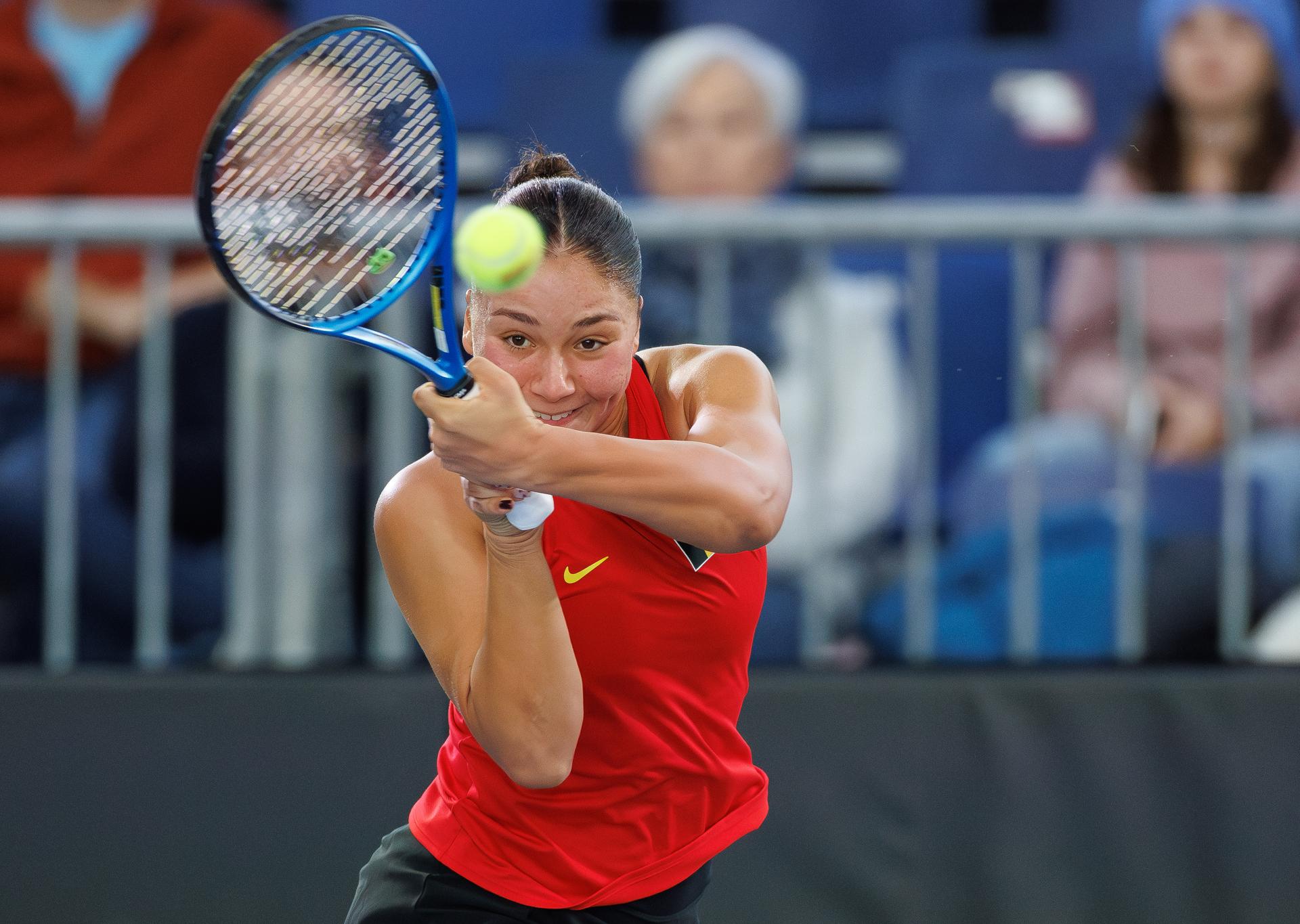 Belgian Sofia Costoulas pictured during the first game between Belgian Costoulas and Turkish Aksu in the Billie Jean King Cup Play-offs, between Belgium and Turkey, on Saturday 15 November 2025 in Ismaning, Germany. PHOTO BENOIT DOPPAGNE