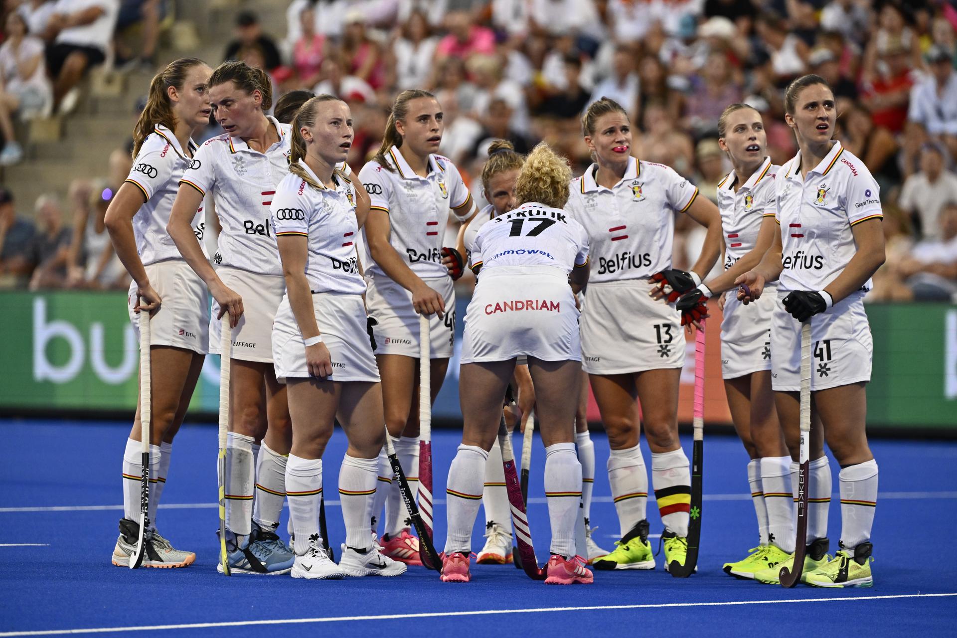 Red Panthers players pictured at a hockey game between Germany and the Belgian national team Red Panthers, the semi-finals of the 2025 women's European championships, Friday 15 August 2025 in Monchengladbach, Germany. BELGA PHOTO ERIC LALMAND