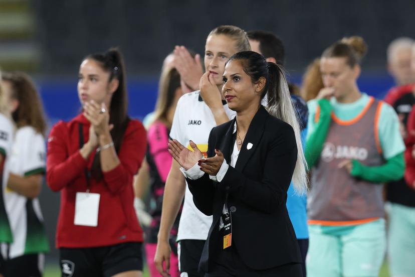 OHL Women's head coach Setareh Habibzadeh celebrates after winning a game between Oud-Heverlee Leuven Women and Serbian club TSC Backa Topola, Wednesday 5th of August 2026, in Leuven, a second round qualification game in the UEFA Women's Champions League. BELGA PHOTO BRUNO FAHY
