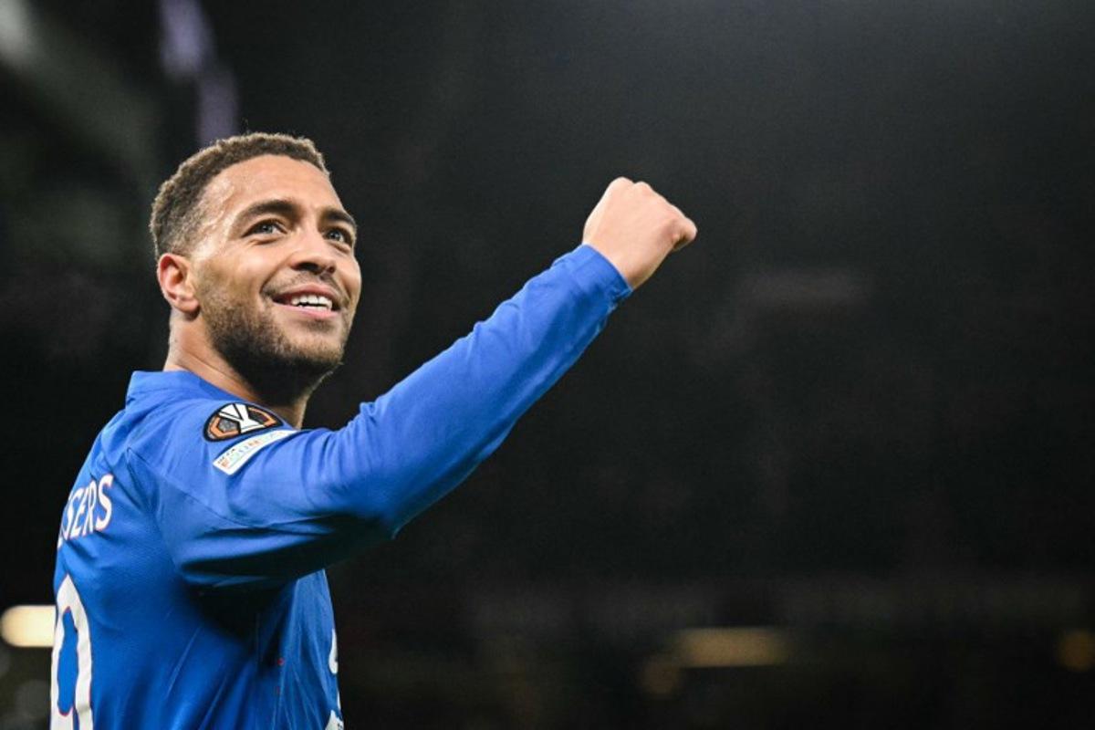 Rangers' Belgian-born Nigerian striker #09 Cyriel Dessers celebrates after scoring his team first goal during the UEFA Europa league football match between Manchester United and Glasgow Rangers at Old Trafford stadium in Manchester, north west England, on January 23, 2025. Oli SCARFF / AFP