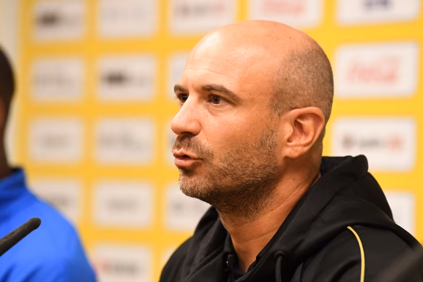STVV's head coach Frederic De Meyer pictured during a press conference of Belgian soccer team Sint-Truidense V.V., Wednesday 19 August 2026 in Sint-Truiden, in preparations of the first leg of the play-off round for the UEFA Europa League league phase, against Cypriot team AC Omonoia Nicosia. BELGA PHOTO JILL DELSAUX