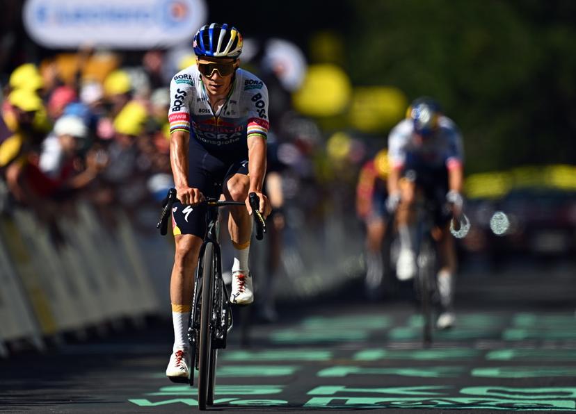 Belgian Remco Evenepoel of Red Bull-BORA-hansgrohe and pictured as he crosses the finish line of the stage 10 of the 2026 Tour de France cycling race, a stage of 167km from Aurillac to Le Lioran, on Tuesday 14 July 2026. The 113th edition of the Tour de France starts on Saturday 4 July in Barcelona, Spain, and will finish in Paris, France on the 26th of July. BELGA PHOTO JASPER JACOBS