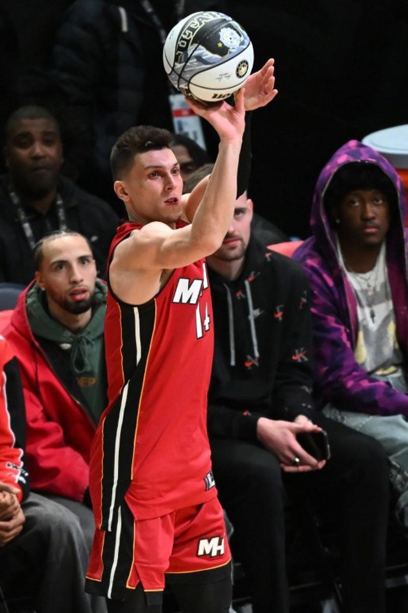 Miami Heat's Tyler Herro shoots during the Starry 3-Point Contest of the NBA All-Star week-end in Salt Lake City, Utah, February 18, 2023. Patrick T. Fallon / AFP