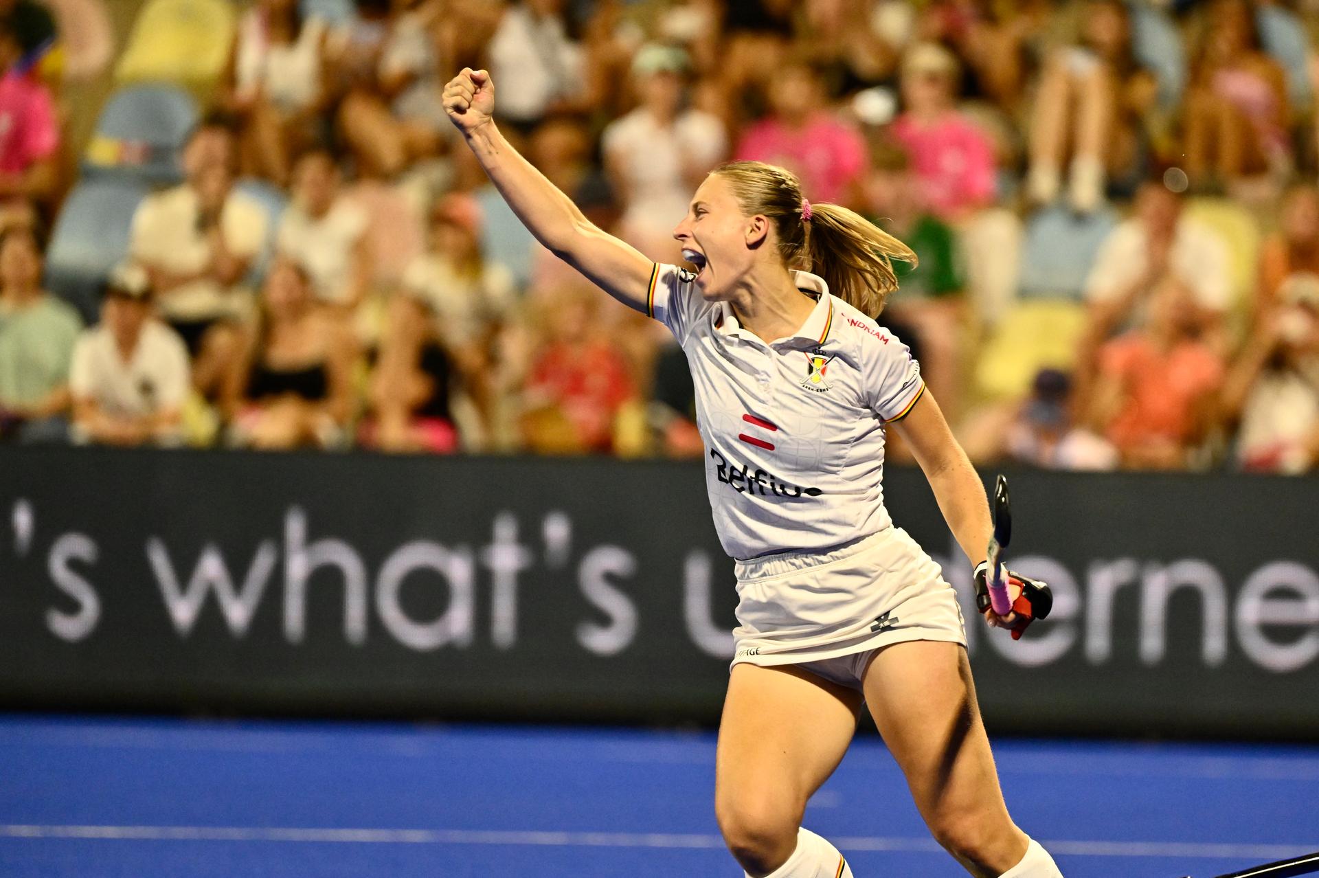 Belgium's Justine Rasir celebrates at a hockey game between Germany and the Belgian national team Red Panthers, the semi-finals of the 2025 women's European championships, Friday 15 August 2025 in Monchengladbach, Germany. BELGA PHOTO ERIC LALMAND