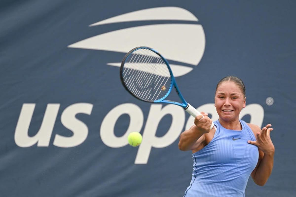 Sofia Costoulas of Belgium competes against Katie Volynets of the United States during the Women's Qualifying Singles 1st round at the USTA Billie Jean King National Tennis Center in Flushing Meadow-Corona Park, in the Queens borough of New York, NY, August 18, 2025. (Photo by Anthony Behar/SipaUSA)