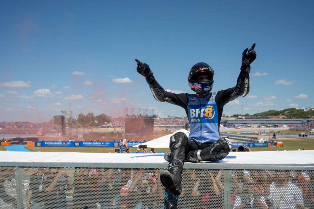 Winner team Gresini Racing MotoGP's Alex Marquez celebrates after the MotoGP Spanish Grand Prix at the Jerez racetrack in Jerez de la Frontera, on April 26, 2025. JORGE GUERRERO / AFP
