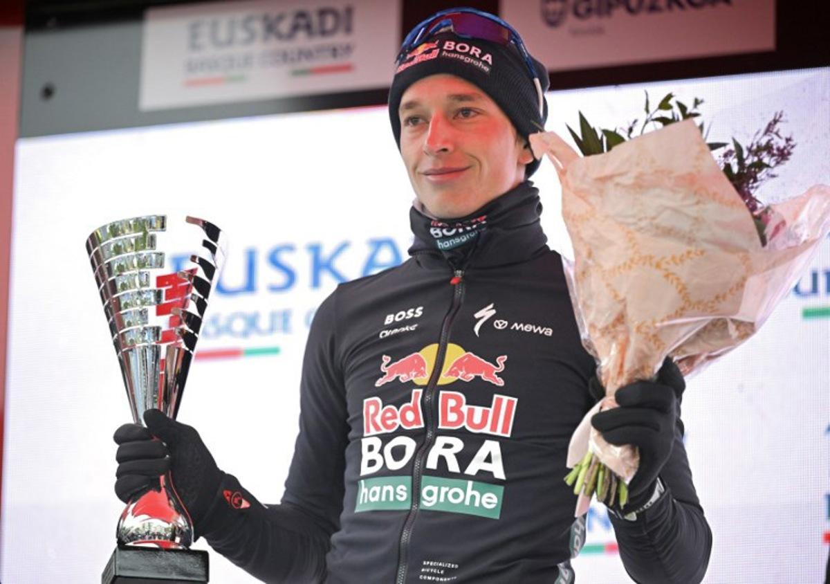 Second placed Team Bora's German rider Florian Lipowitz celebrates on the podium of the 2026 Basque Country's Itzulia cycling tour after the sixth and last stage, in Bergara, on April 11, 2026. ANDER GILLENEA / AFP