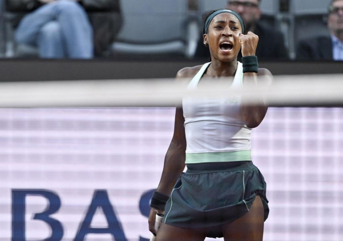 USA's Coco Gauff celebrates a point against Russia's Mirra Andreeva in the ATP Rome Open tennis tournament at Foro Italico in Rome on May 12, 2026. Tiziana FABI / AFP