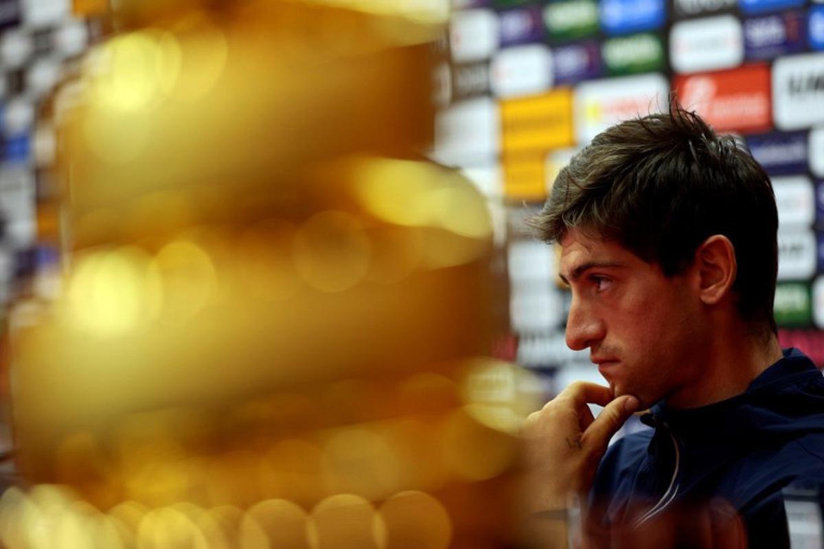 Lidl - Trek team's Italian rider Giulio Ciccone looks on during the Top Riders press conference on the eve of the departure of the Giro d'Italia 2025 cycling race, in Tirana, on May 8, 2025. Luca BETTINI / AFP