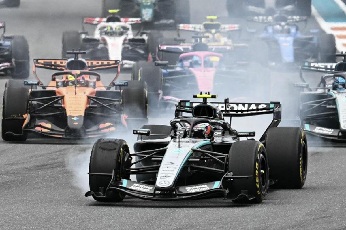 Mercedes' Italian driver Kimi Antonelli races during the 2026 Miami Formula One Grand Prix at Miami International Autodrome in Miami Gardens, Florida, on May 3, 2026. CHANDAN KHANNA / AFP