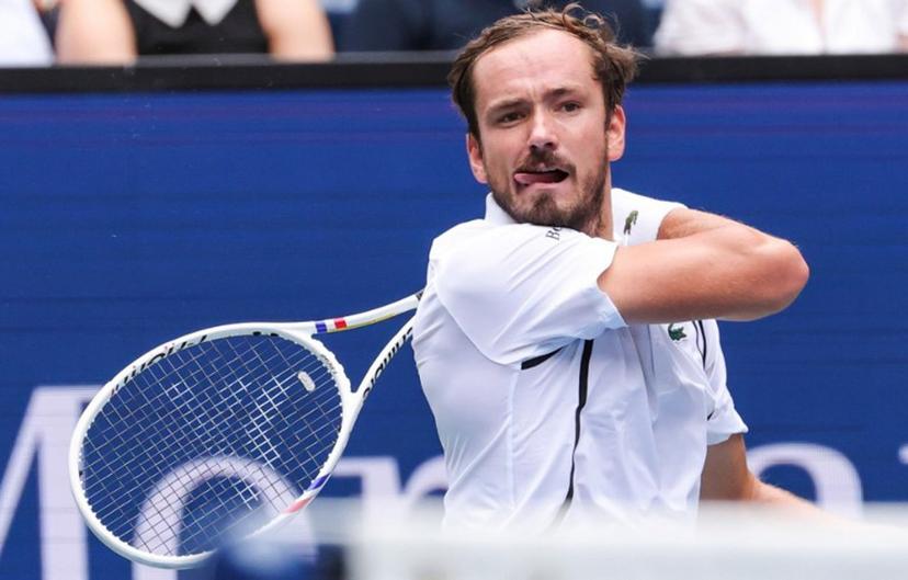 Russia's Daniil Medvedev hits a return to USA's Sebastian Gorzny during their men's singles second round tennis match on day four of the US Open tennis tournament at the USTA Billie Jean King National Tennis Center in New York on September 2, 2026. KENA BETANCUR / AFP