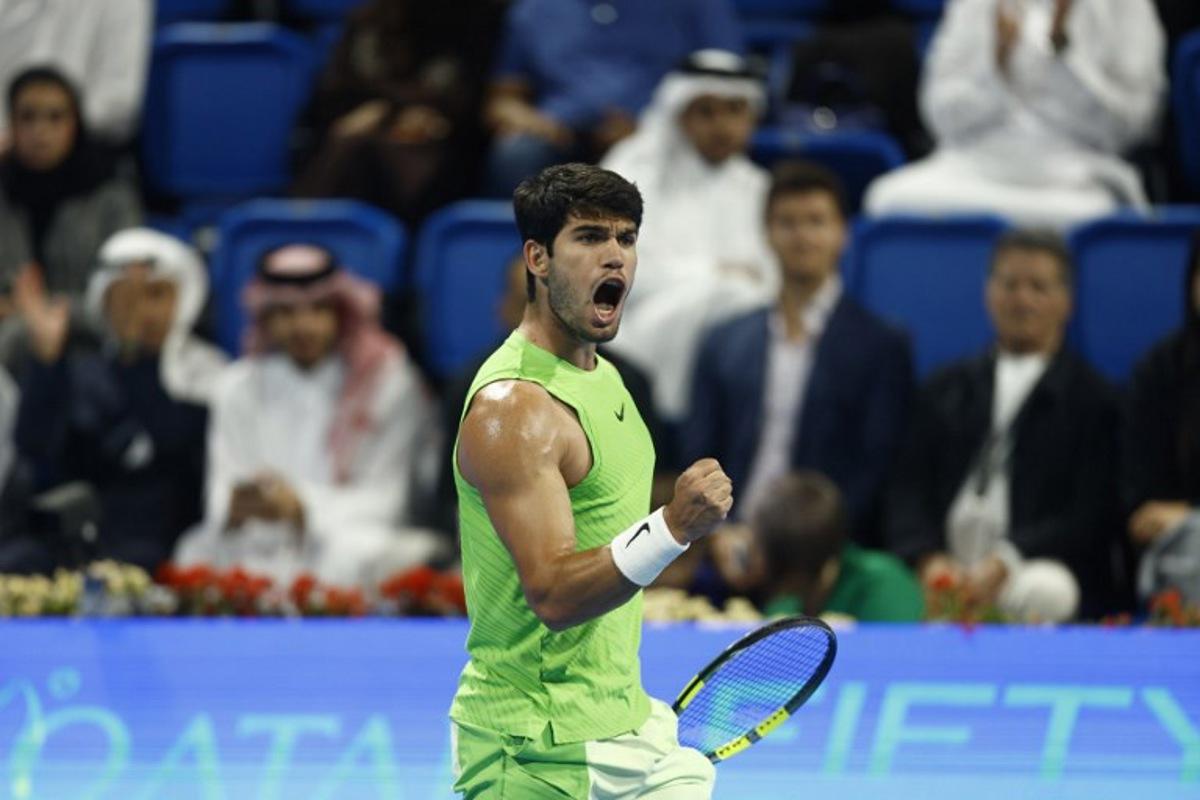 Spain's Carlos Alcaraz reacts during their men's singles semi-final match against Russia's Andrey Rublev at the Qatar Open tennis tournament in Doha on February 20, 2026. Karim JAAFAR / AFP