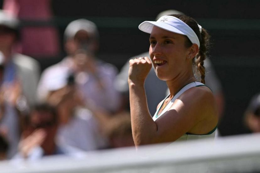 Belgium's Elise Mertens celebrates winning against Kazakhstan's Elena Rybakina during their women's singles third round tennis match on the sixth day of the 2026 Wimbledon Championships at The All England Lawn Tennis and Croquet Club in Wimbledon, southwest London, on July 4, 2026. Glyn KIRK / AFP