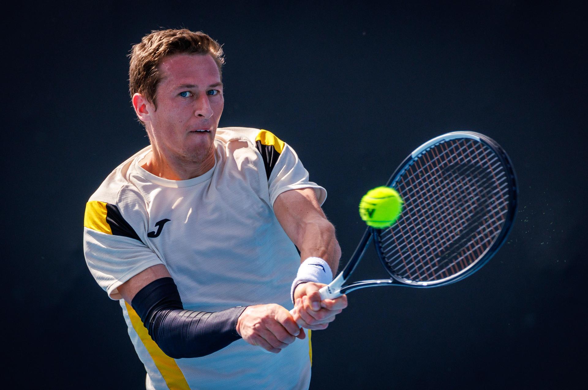 Belgium's Kimmer Coppejans pictured in action during a third round qualifying match in the men's singles against USA's Svajda at the Australian Open, Melbourne Park, Melbourne on Thursday 15 January 2026. BELGA PHOTO PATRICK HAMILTON --- BENELUX ONLY ---
