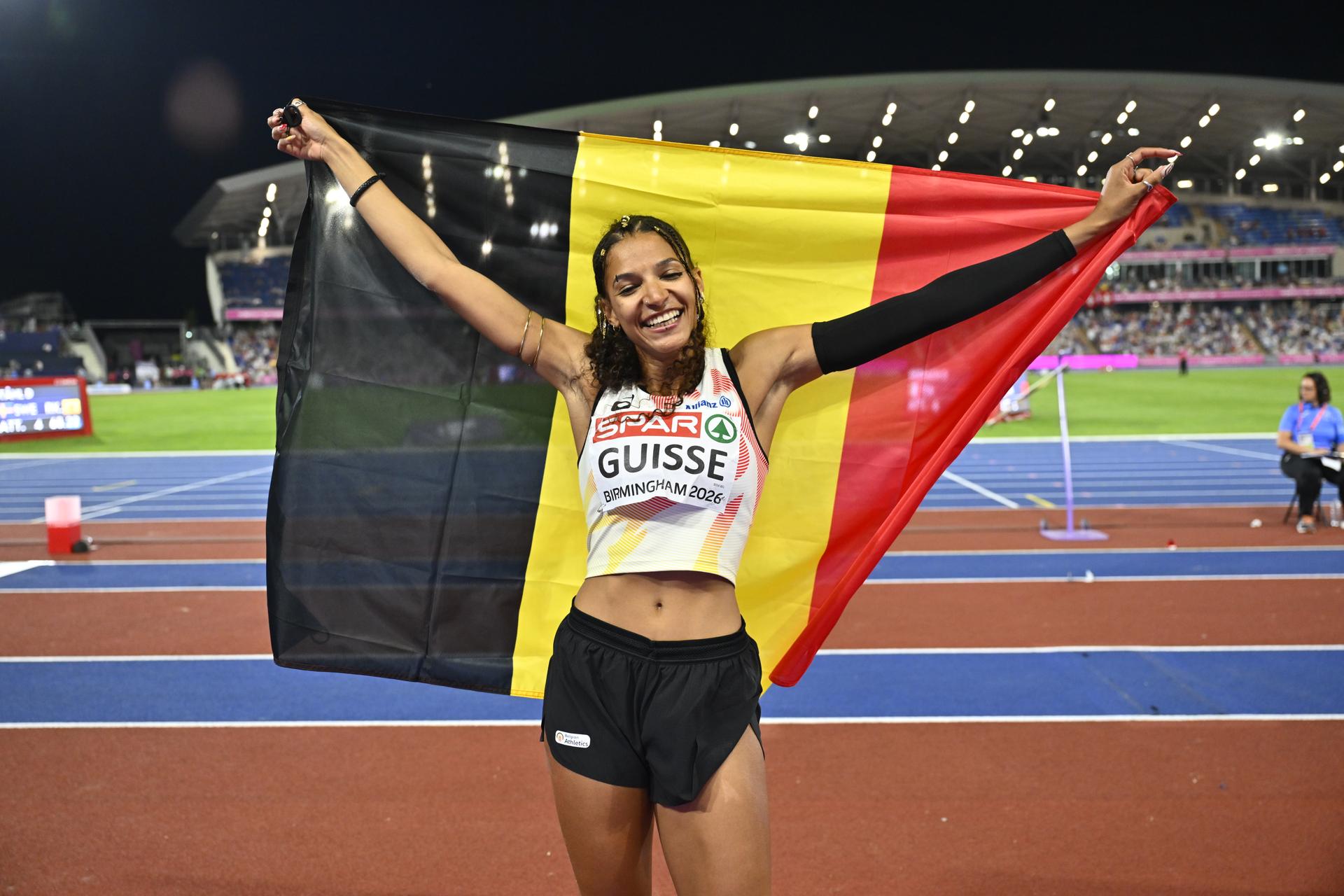 Belgian Saliyya Guisse reacts after winning the silver medal in the women's triple jump event on the fourth day of the European Athletics Championships (August 10-18) in Birmingham, United Kingdom, on Thursday 13 August 2026. BELGA PHOTO ERIC LALMAND