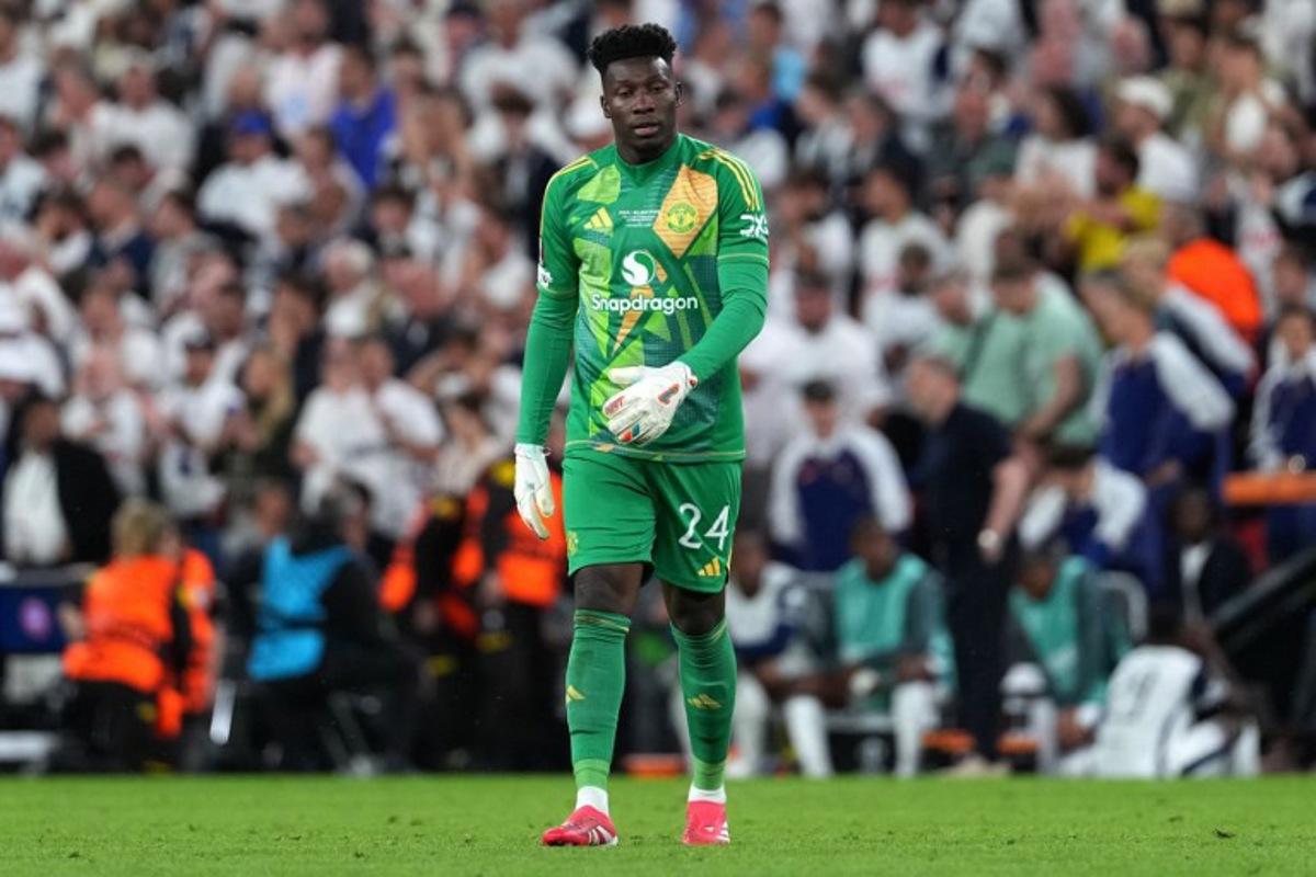 Manchester United's Cameroonian goalkeeper #24 Andre Onana is pictured during the UEFA Europa League final football match between Tottenham Hotspur and Manchester United at San Mames stadium in Bilbao on May 21, 2025. CESAR MANSO / AFP