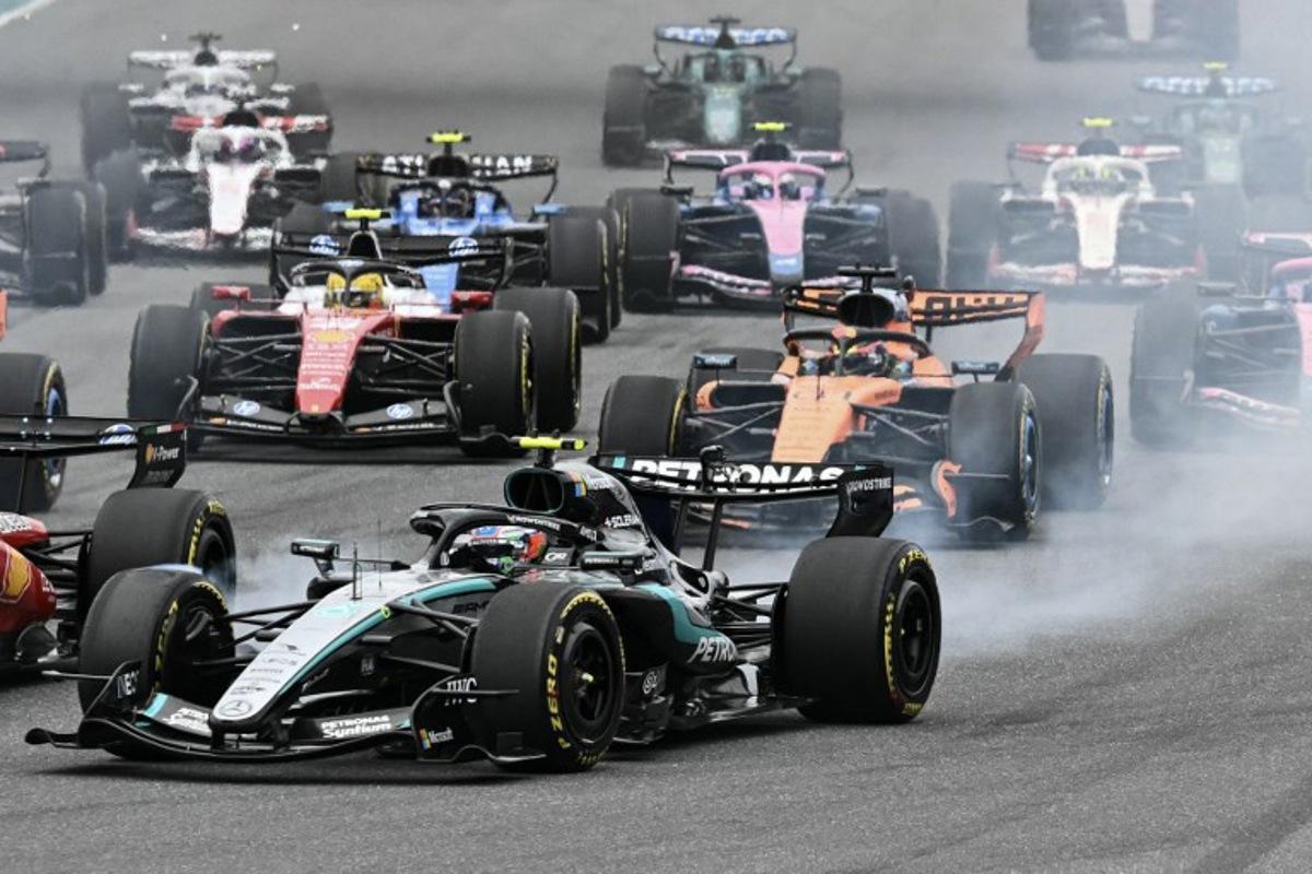 Mercedes' Italian driver Kimi Antonelli (L) races during the 2026 Miami Formula One Grand Prix at Miami International Autodrome in Miami Gardens, Florida, on May 3, 2026. CHANDAN KHANNA / AFP