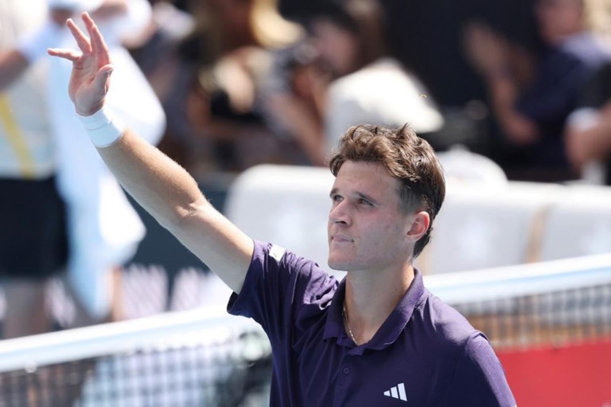 Jakub Mensik of the Czech Republic celebrates his victory against Fabian Marozsan of Hungary during their men's singles semi-final match at the ATP Auckland Classic tennis tournament in Auckland on January 16, 2026. Michael Bradley / AFP