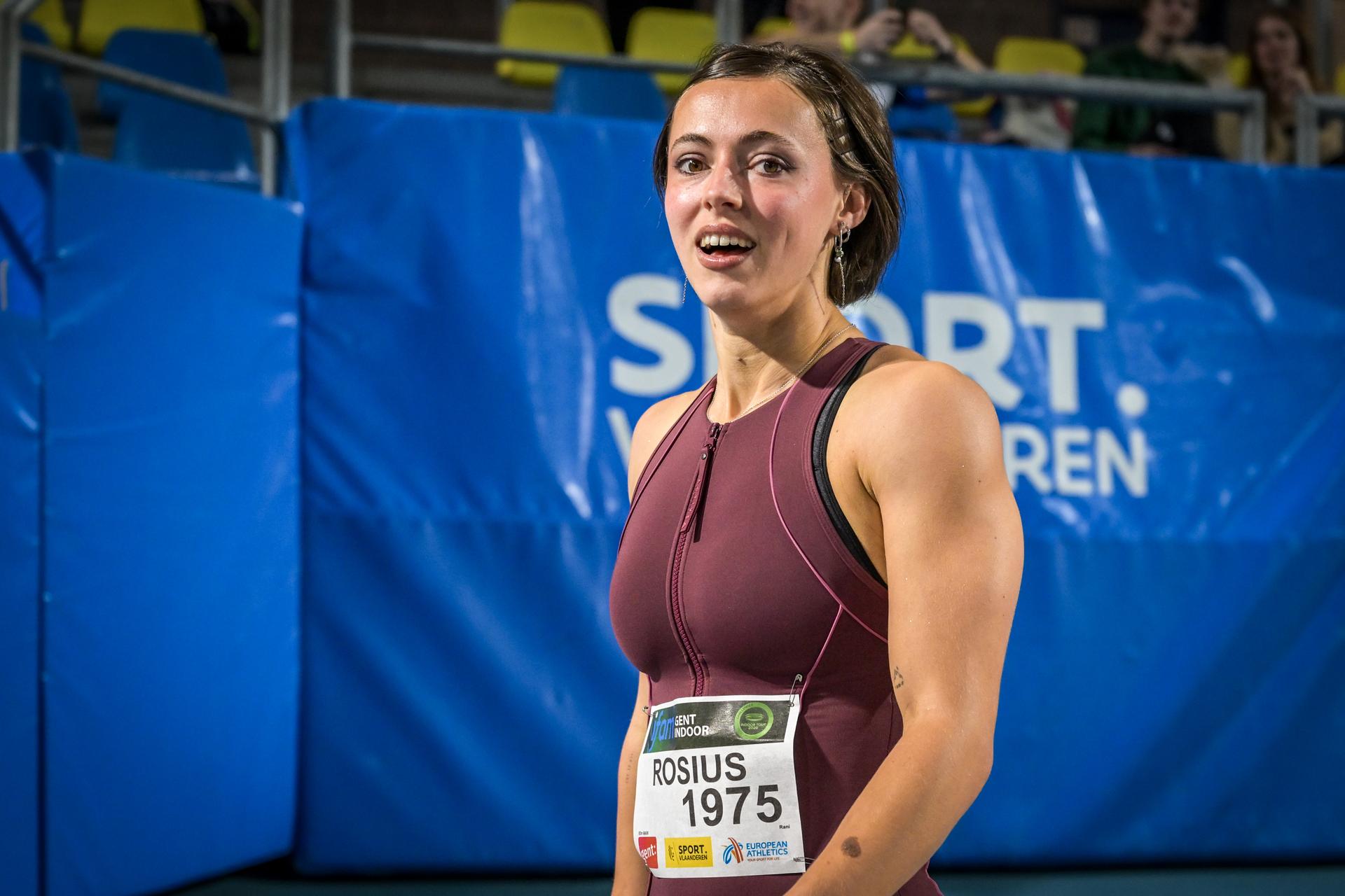 Belgian Rani Rosius pictured after the women's 60m at the IFAM Indoor, IAAF World Indoor Tour Athletics Meeting, Saturday 31 January 2026 in Gent. BELGA PHOTO DAVID PINTENS