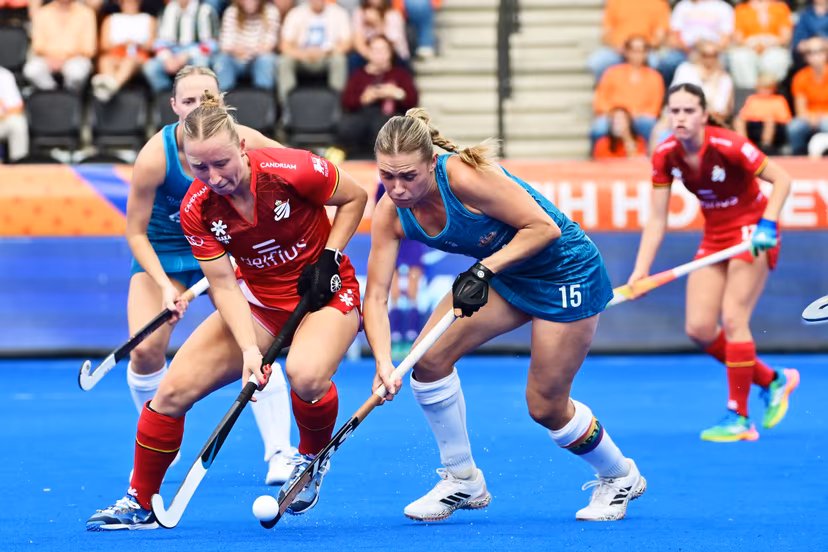 Belgium's Charlotte Englebert and Australia's Kaitlin Nobbs fight for the ball during a field hockey game between Belgian national team Red Panthers and Australië, at the women's 2026 Hockey World Cup, on Saturday 29 August 2026 in Amsterdam. The 2026 edition of the Hockey World Cup takes place in Belgium and The Netherlands from August 15 to August 30. BELGA PHOTO DIRK WAEM