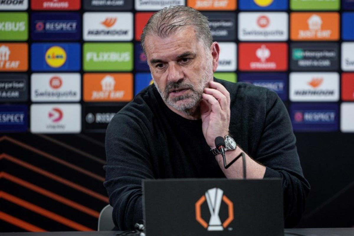 Tottenham Hotspur's Greek-Australian head coach Ange Postecoglou addresses a press conference after his team's 5-1 aggregate victory during the UEFA Europa League semi-final second leg football match between Bodoe/Glimt and Tottenham Hotspur in Bodoe, Norway on May 8, 2025. Stian Lysberg Solum / NTB / AFP