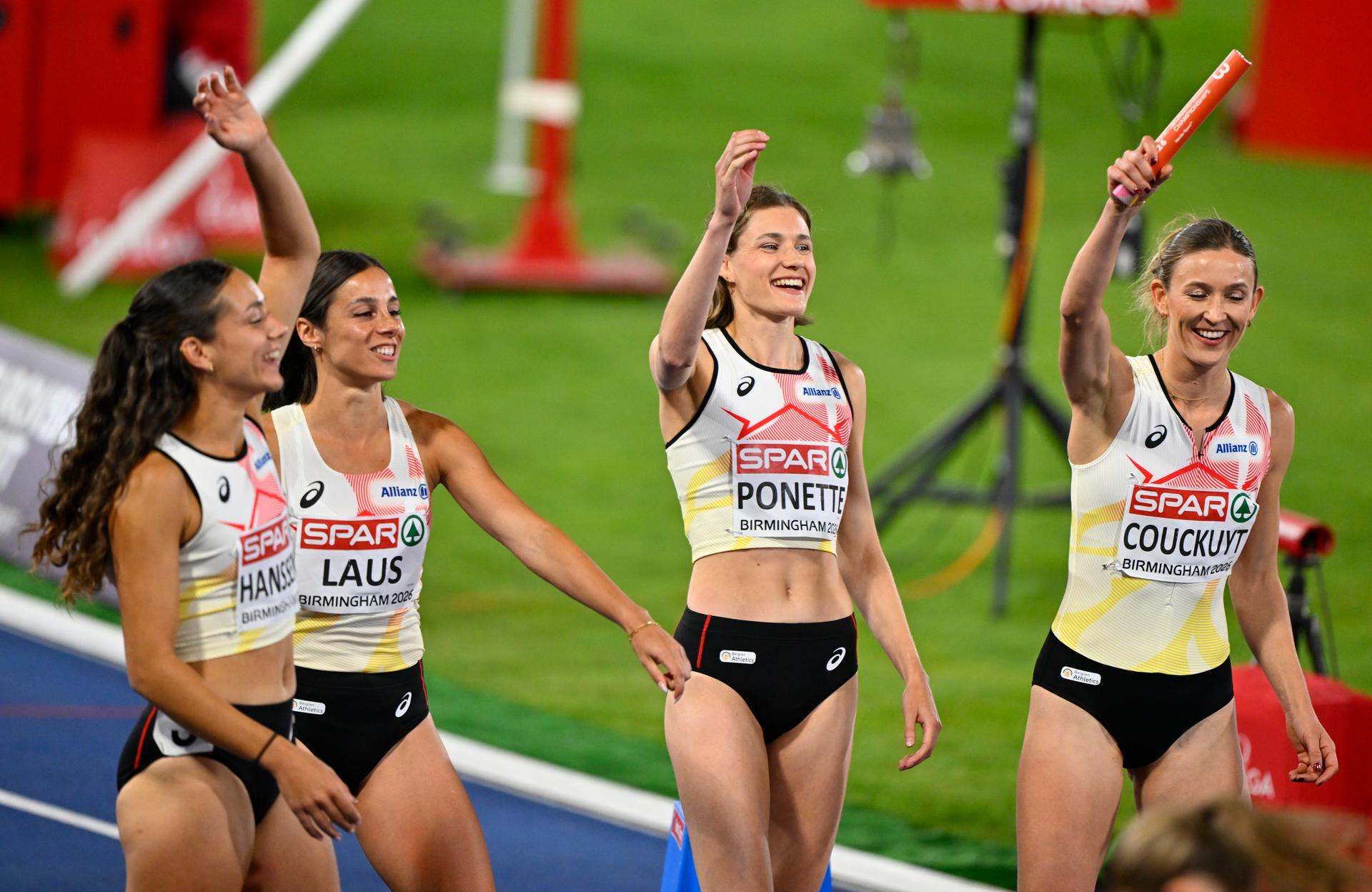 Belgian Cheetahs, with Ilana Hanssens; camille Laus; Helena Ponette and Paulien Couckuyt pictured at the final of the Women's 4x400m relay on the seventh and last day of the European Athletics Championships (August 10-18) in Birmingham, United Kingdom, on Sunday 16 August 2026. BELGA PHOTO ERIC LALMAND