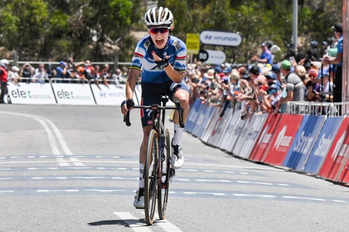 AG Insurance - Soudal rider Sarah Gigante from Australia reacts as she wins the third stage of the Tour Down Under cycling race in Adelaide on January 14, 2024. Brenton EDWARDS / AFP