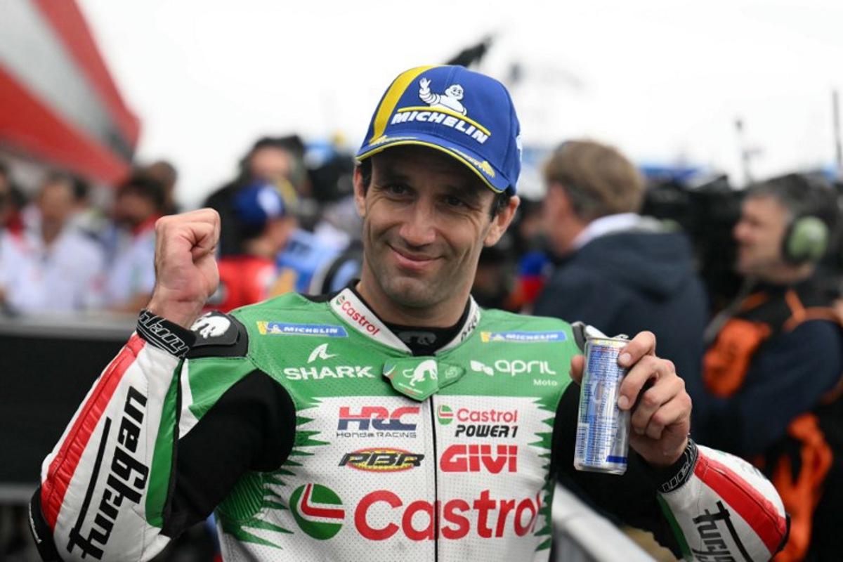 LCR Honda's French rider Johann Zarco celebrates his third place in the MotoGP Argentina Grand Prix qualifying session at the Termas de Rio Hondo circuit in Santiago del Estero, Argentina on March 15, 2025. Luis ROBAYO / AFP