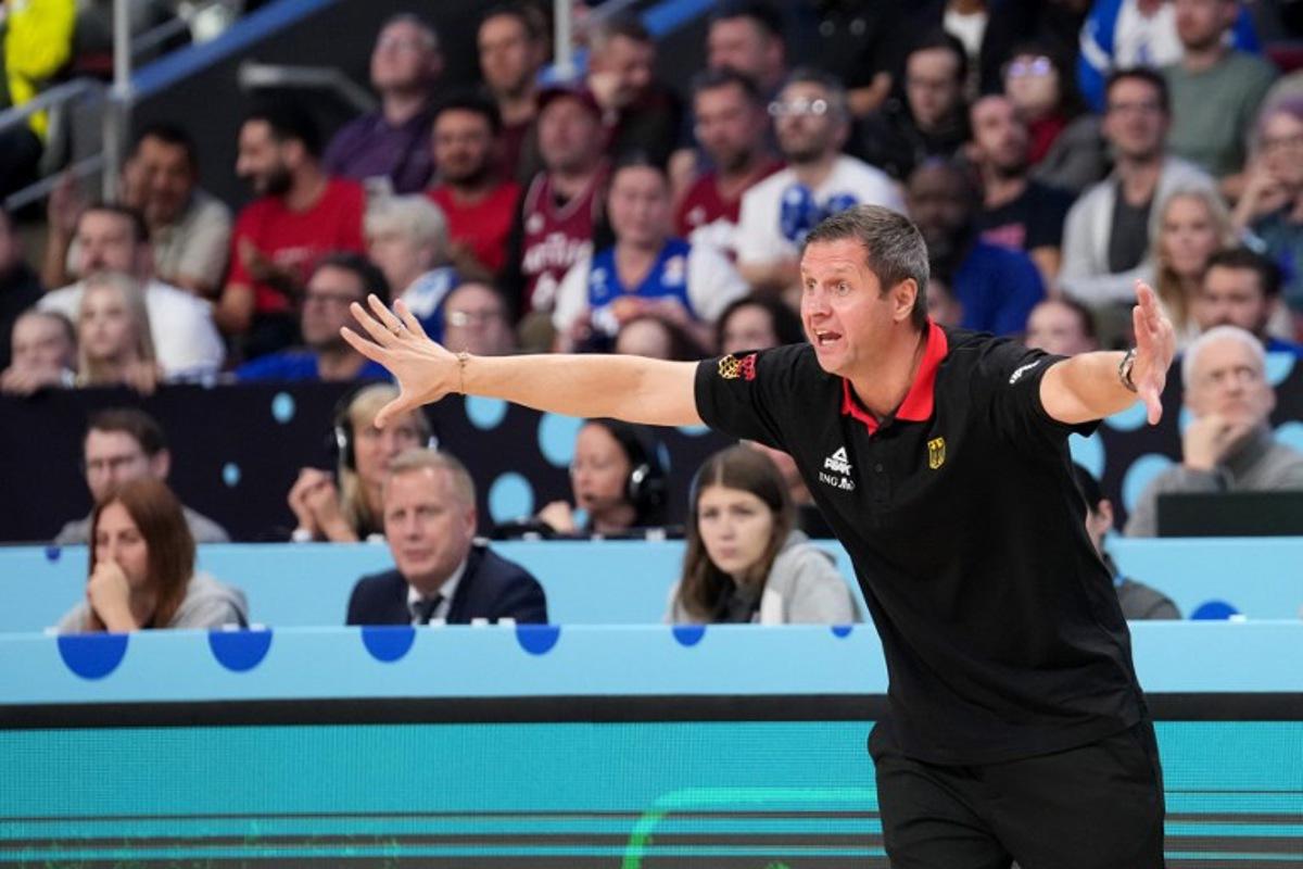 Germany's coach Alan Ibrahimagic reacts during the FIBA EuroBasket 2025 semi-final basketball match between Germany and Finland in Riga, Latvia, on September 12, 2025. Gints Ivuskans / AFP