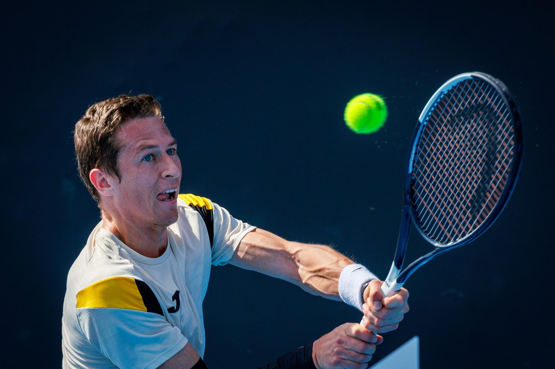 Belgium's Kimmer Coppejans pictured in action during a third round qualifying match in the men's singles against USA's Svajda at the Australian Open, Melbourne Park, Melbourne on Thursday 15 January 2026. BELGA PHOTO PATRICK HAMILTON --- BENELUX ONLY ---
