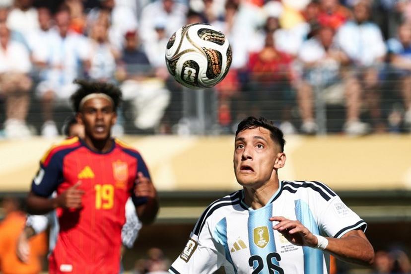 Argentina's defender #26 Nahuel Molina looks at the ball during the 2026 World Cup football tournament final match between Spain and Argentina at the New York/New Jersey Stadium in East Rutherford on July 19, 2026. FRANCK FIFE / AFP