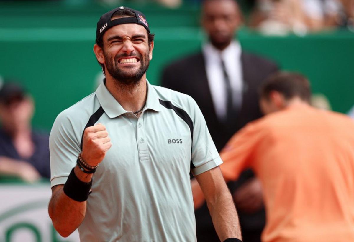 Italy's Matteo Berrettini celebrates after winning against Russia's Daniil Medvedev during the Monte Carlo ATP Masters Series Tournament round of 32 tennis match on Court Rainier III at the Monte-Carlo Country Club in Roquebrune-Cap-Martin, south-eastern France on April 8, 2026. Valery HACHE / AFP