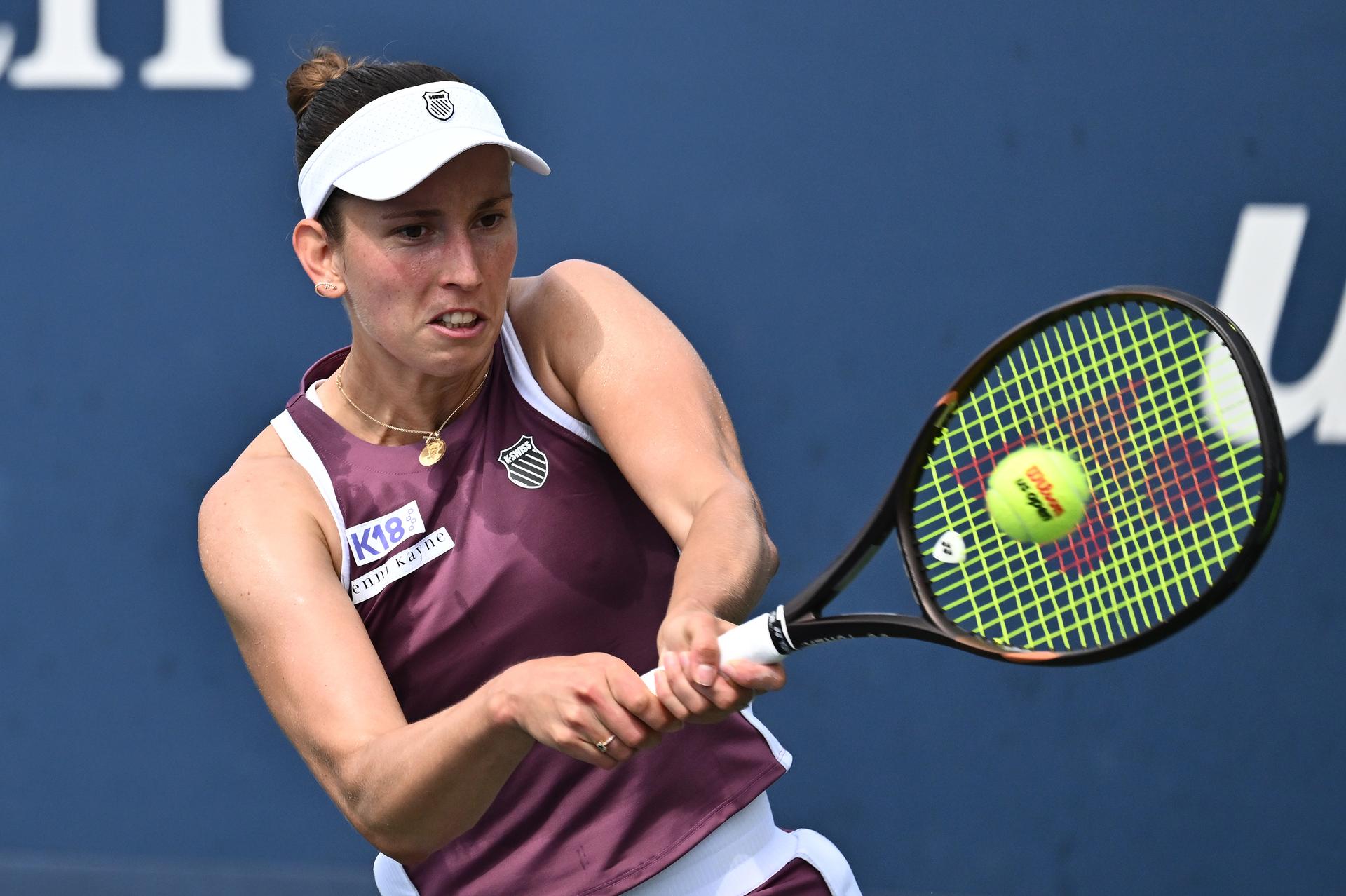 Elise Mertens of Belgium plays against Maria Timofeeva of Uzbekistan in the Women's singles Round 2 of the 2026 US Open Tennis Championship, USTA Billie Jean King National Tennis Center in Flushing Meadow-Corona Park, in the Queens borough of New York, NY, September 3, 2026. (Photo by Anthony Behar/Sipa USA) BELGA PHOTO BENELUX ONLY