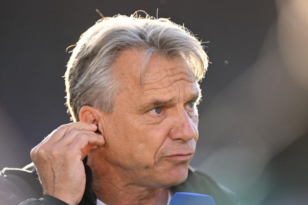 Elversberg's German head coach Horst Steffen gives an interview ahead the German Bundesliga relegation first-leg football match between FC Heidenheim and SV Elversberg in Heidenheim on May 22, 2025. THOMAS KIENZLE / AFP
