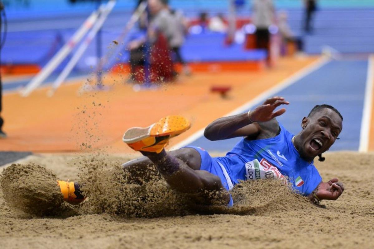 Italy's Andy Diaz Hernandez competes during the men triple jump final of the European Athletics Indoor Championships at Omnisport in Apeldoorn on March 8, 2025. JOHN THYS / AFP