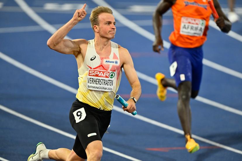 Belgian athlete Simon Verherstraeten celebrates at the final of the men's 4x100m relay race, on the seventh day of the European Athletics Championships (August 10-18) in Birmingham, United Kingdom, on Saturday 15 August 2026. Belgian team finished third and won a bronze medal. BELGA PHOTO ERIC LALMAND