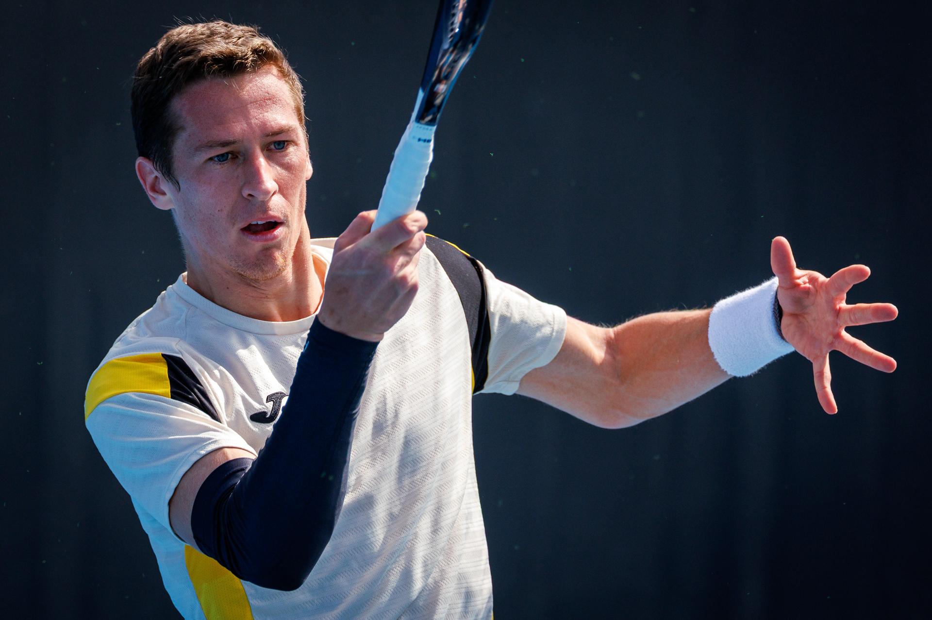 Belgium's Kimmer Coppejans pictured in action during a third round qualifying match in the men's singles against USA's Svajda at the Australian Open, Melbourne Park, Melbourne on Thursday 15 January 2026. BELGA PHOTO PATRICK HAMILTON --- BENELUX ONLY ---