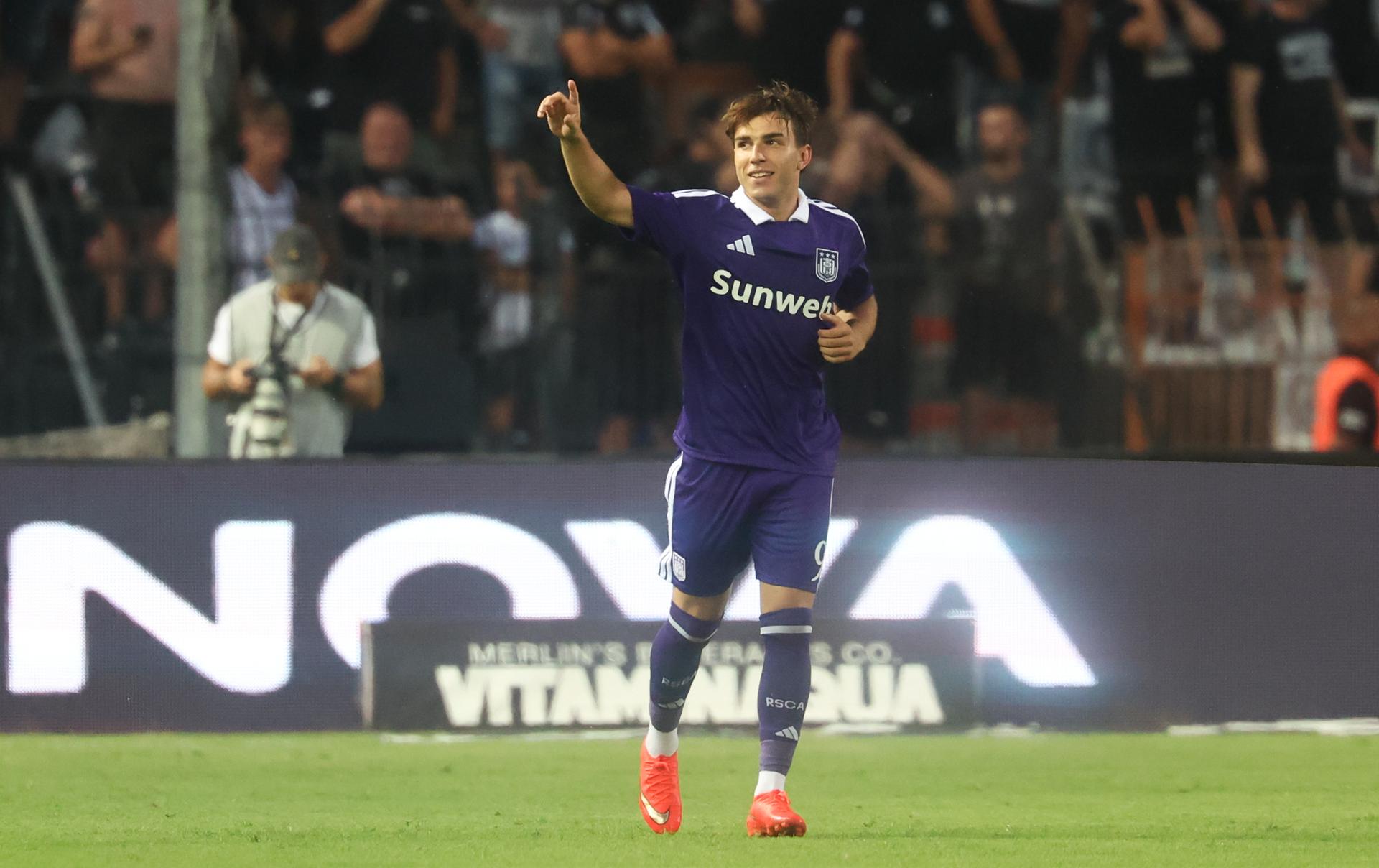 Anderlecht's Mihajlo Cvetkovic celebrates after scoring during at a game between Belgian first division soccer team RSC Anderlecht and Greek club Paok, in Thessaloniki, Greece, on Wednesday 05 August 2026. This is the first leg of a third qualifying round of the UEFA Europa League competition. BELGA PHOTO VIRGINIE LEFOUR