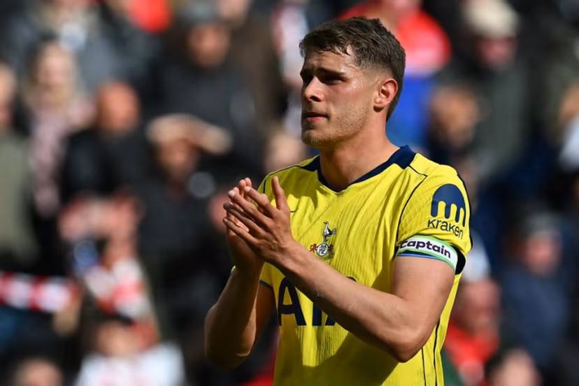 Tottenham Hotspur's Dutch defender #37 Micky van de Ven applauds fans on the pitch after the English Premier League football match between Sunderland and Tottenham Hotspur at The Stadium of Light in Sunderland in north east England on April 12, 2026. Sunderland won the game 1-0. ANDY BUCHANAN / AFP