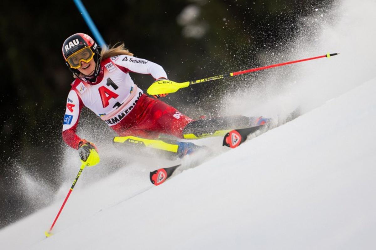Austria's Katharina Liensberger competes during the first run of the women's slalom event of the FIS Alpine Ski World Cup in Semmering, Austria on December 28, 2025. GEORG HOCHMUTH / APA / AFP
