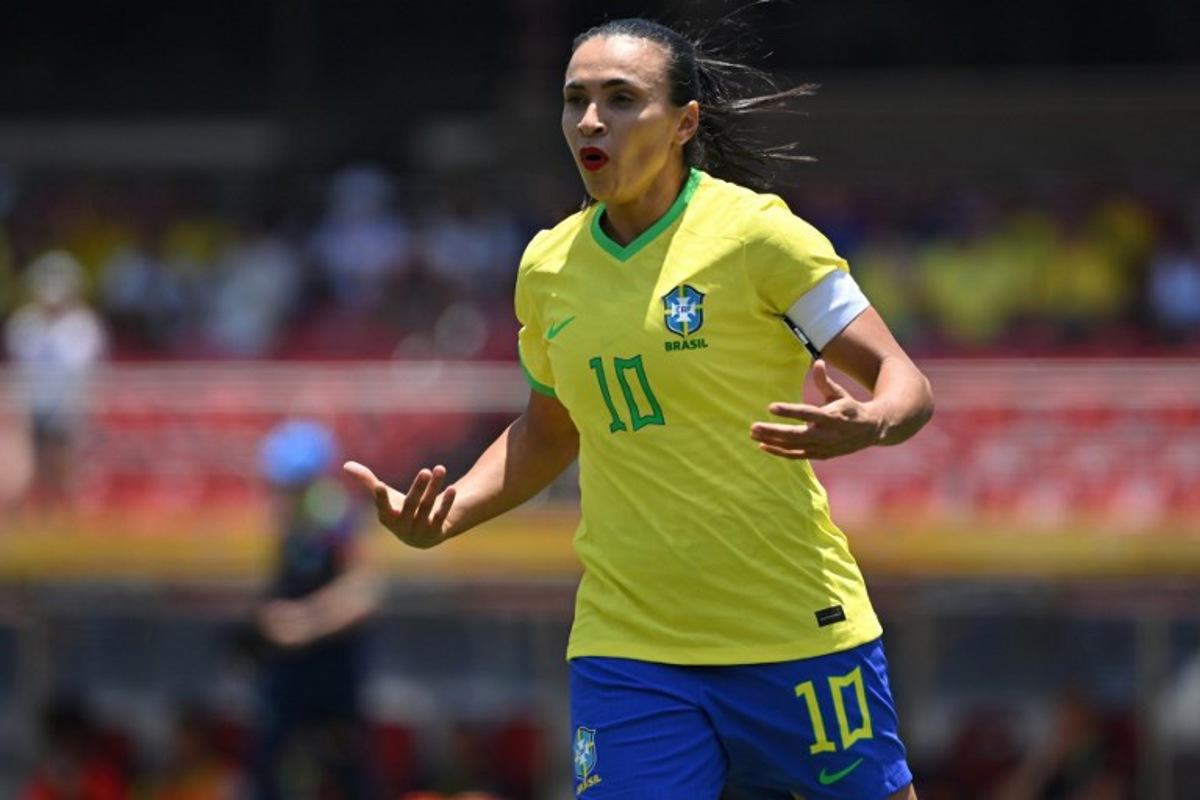 Brazil's Marta gestures during the women's friendly football match between Brazil and Japan at Morumbi stadium in Sao Paulo, Brazil, on December 3, 2023. Nelson ALMEIDA / AFP