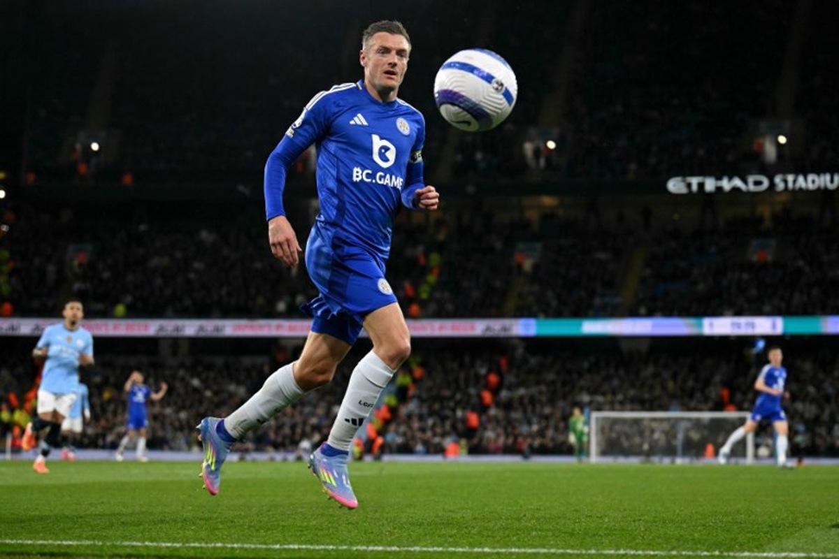 Leicester City's English striker #09 Jamie Vardy focuses on the ball during the English Premier League football match between Manchester City and Leicester City at the Etihad Stadium in Manchester, north west England, on April 2, 2025. Oli SCARFF / AFP