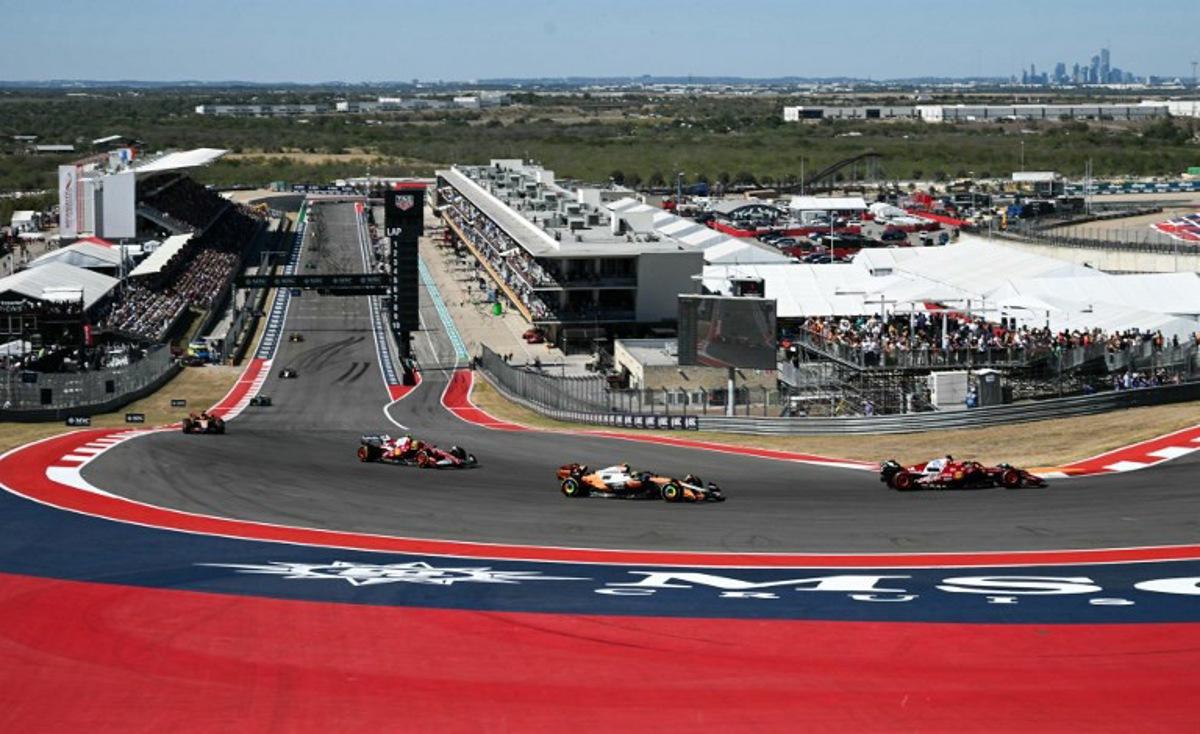 (From R/L) Ferrari's Monegasque driver Charles Leclerc races ahead of McLaren's British driver Lando Norris and Ferrari's British driver Lewis Hamilton during the United States Formula One Grand Prix at the Circuit of the Americas in Austin, Texas, on October 19, 2025. RONALDO SCHEMIDT / AFP