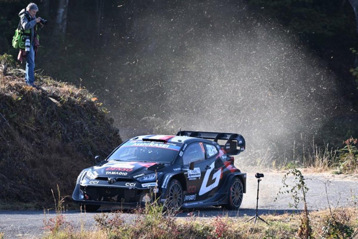 Sebastien Ogier and his co-driver Vincent Landais of France drive their Toyota GR Yaris Rally1 during the SS9 Ena section of the Rally Japan, the 13th round of FIA World Rally Championships, in Ena city, Gifu prefecture on November 8, 2025. Toshifumi KITAMURA / AFP